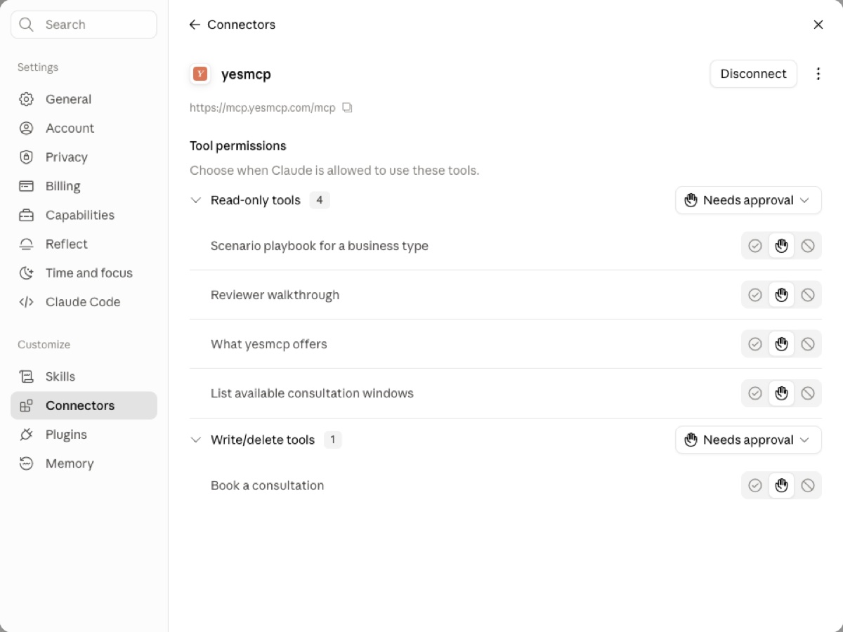 The yesmcp connector card with tool permissions