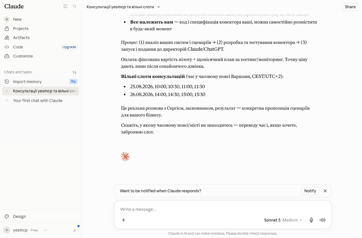 Claude chat: live consultation slots with timezones